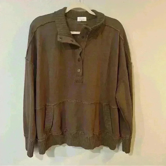 Pink Lily Just Go With It Brown Oversized Henley Pullover Quarter Button 2XL - Picture 5 of 10